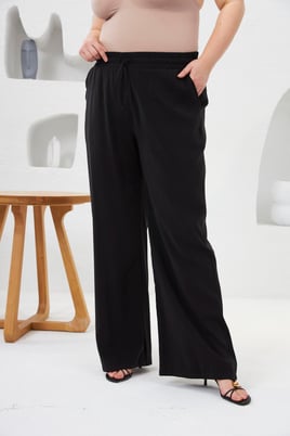 Beli Lastikli Geniş Paça Büyük Beden Pantolon Siyah